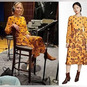 FARM RIO Caramel Banana Long Sleeve Polka Dot Midi Dress Boho Celebrity Size Sm